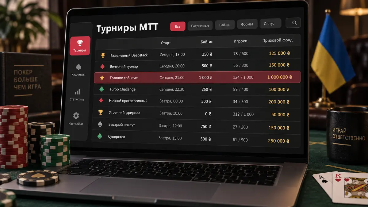 Лобби турниров MTT с расписанием и размером бай-инов
